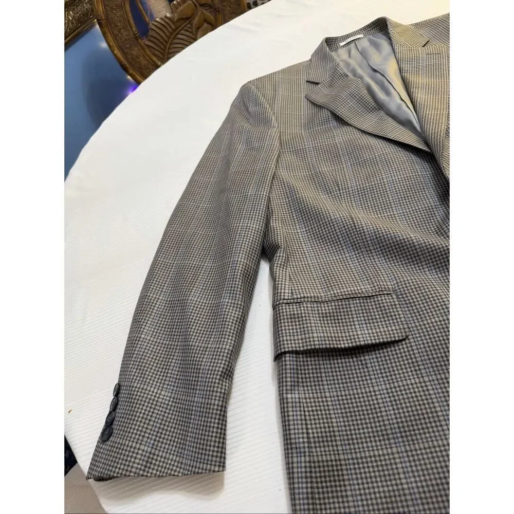 Peter Millar Grey Plaid Gingham 2 Button Wool Blazer Size 44T